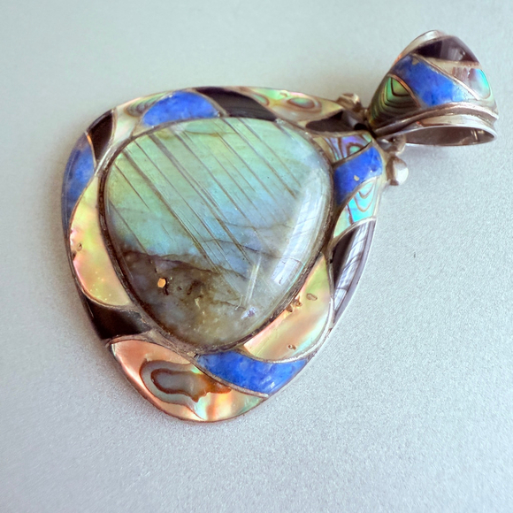 Native Southwestern 25 CT Labradorite Mosaic Inlay Pendant Sterling Silver 925 - Picture 3 of 6